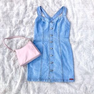 Bongo Vintage Light Wash Denim Mini Overalls Dress
